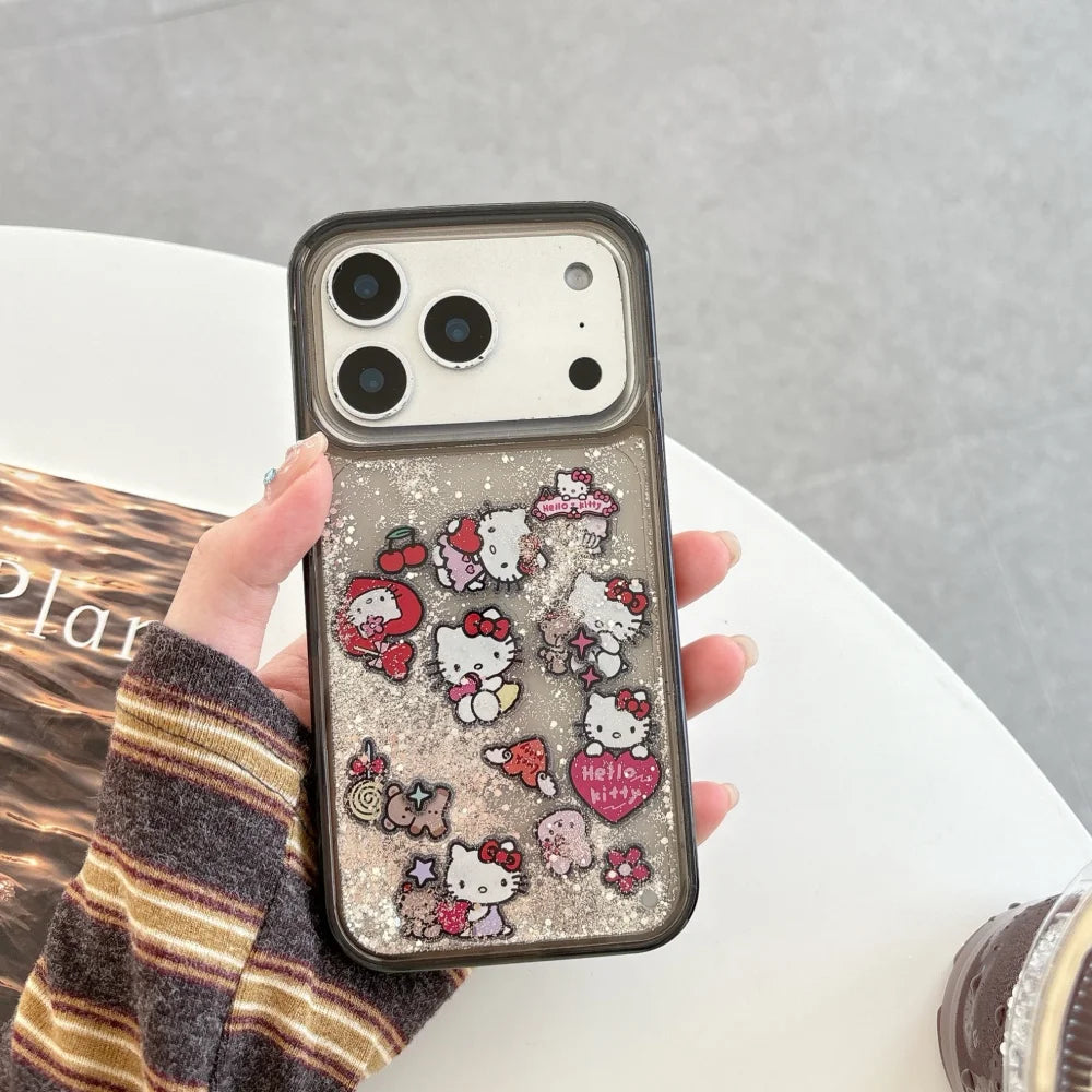 Cute HelloKitty Cat Bling Glitter Quicksand Transparent Phone Case For iPhone 17 16 15 14 13 Pro Max Cartoon Black Bumper Cover