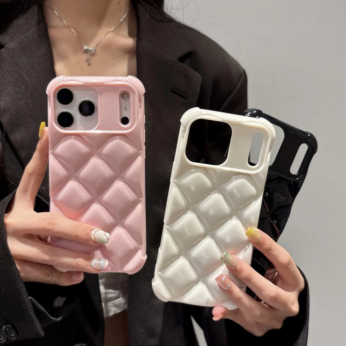 3D Rhombus Diamond Grid Pattern Phone Case For iPhone 17 Air 16 E 15 14 13 12 Mini 11 Pro Max Plus Glossy Shockproof Soft Cover