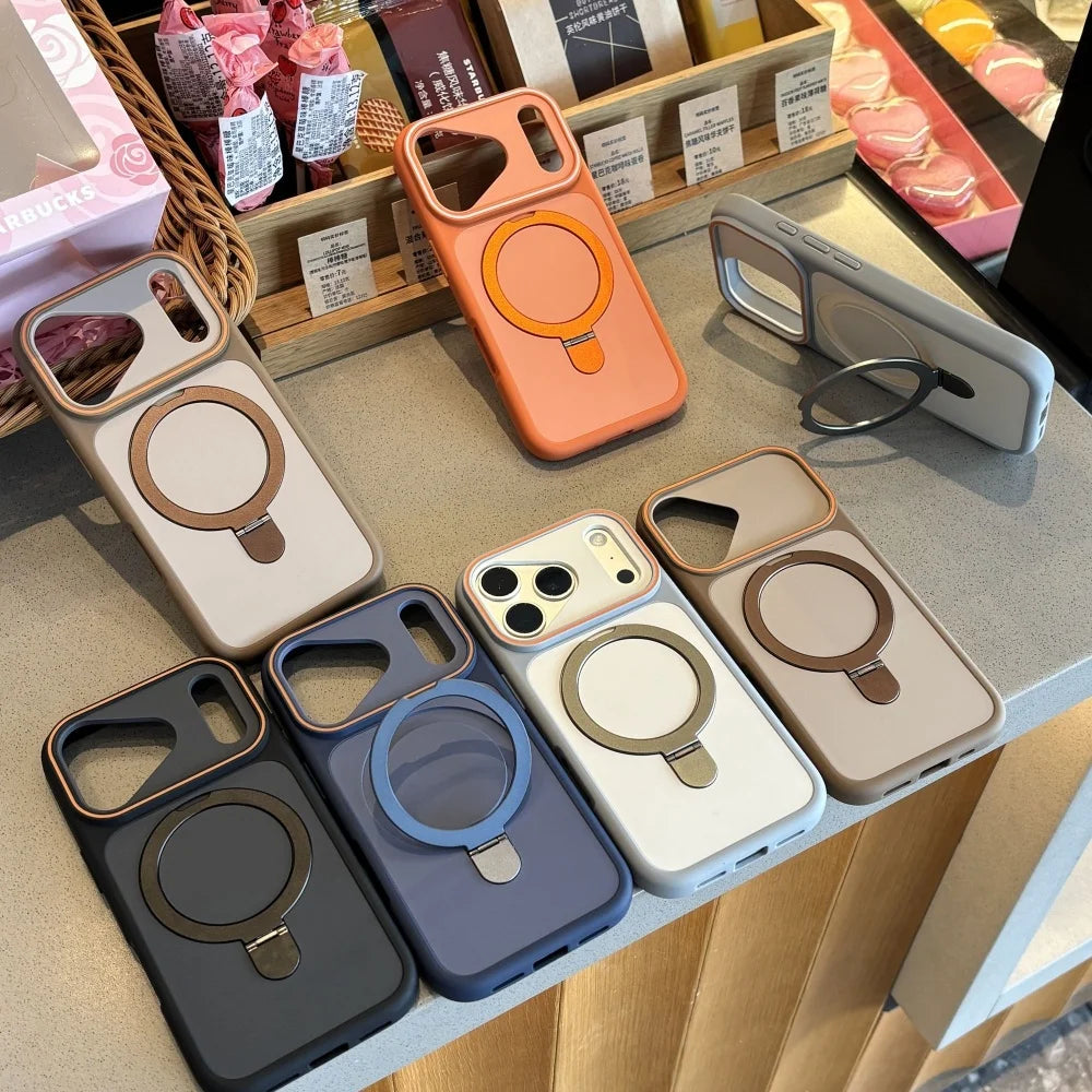 Luxury Metal Ring Holder For Magsafe Case For iPhone 17 Pro Max 16 Plus 15 Pro 14 13 12 11 Magnetic Matte Bumper PC Cover Funda
