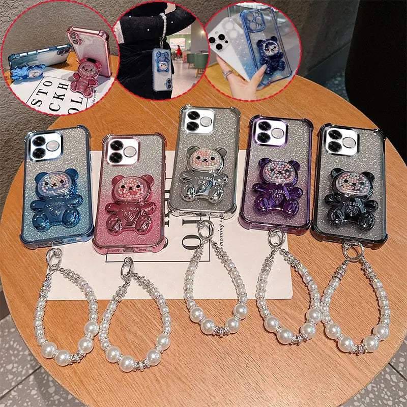 Cute Bear Cartoon Holder Pearl Lanyard Strap Shockproof Glitter Phone Case For Huawei Honor 600 Lite 600e 600lite 5G Back Cover