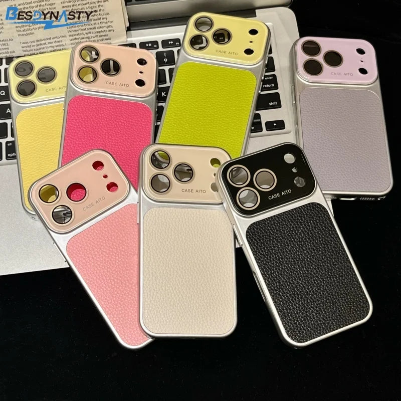 Luxury Crystal Large Window Candy Leather Case for iPhone 17 16 15 14 13 Pro Max 17Pro Shockproof Armor Bumper Plating Cover
