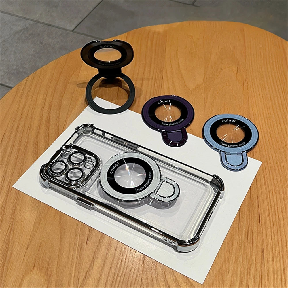 Luxury Plating Clear Magnetic Bracket For Magsafe Case For iPhone 16 15 14 13 12 11 Pro Max With Holder Stand Shockproof Cover