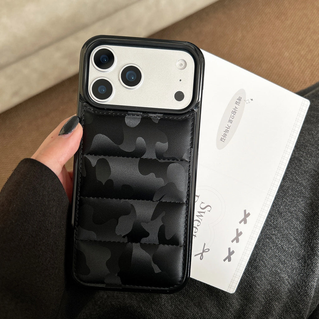 3D Camouflage Down Jacket Phone Case for iPhone 17 Air 16 15 14 13 Pro Max Plus 13Mini Air-cushion Shockproof Soft Fabric Cover