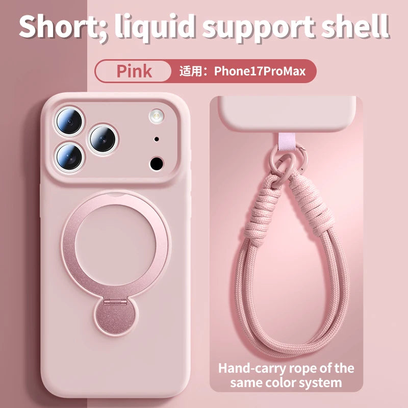 Silicone Lanyard Magnetic Phone Case For iPhone 17 Pro 16 13 15 14 Pro Max Air For Magsafe Wireless Charging Bracket Phone Cover