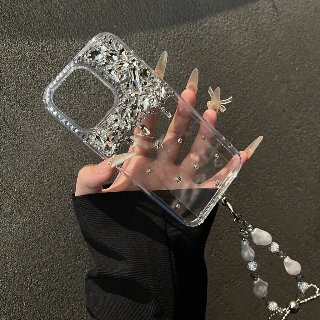 Ins Luxury Senior 3D Half Screen Rhinestones Transparent Clear Phone Case for iPhone 17 16 15 14 Pro Max Shockproof Back Cover