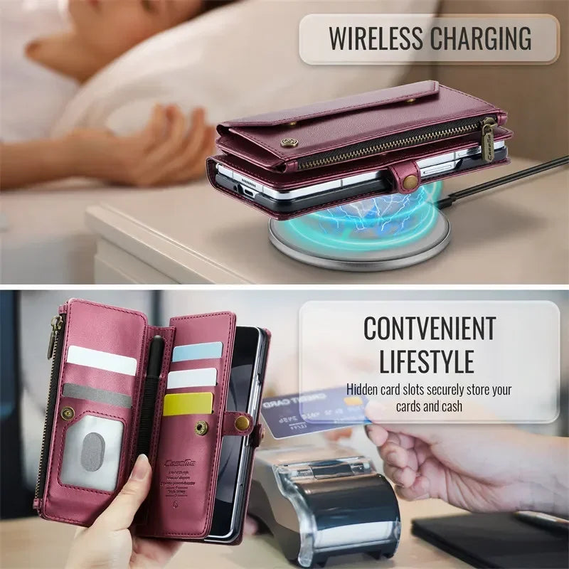 CaseMe Flip Leather Phone Case for Samsung Galaxy Z Fold 7 6 5 4 S26 Ultra S25 FE S24 Plus S23 S22 S21 Zipper Wallet Cards Cover