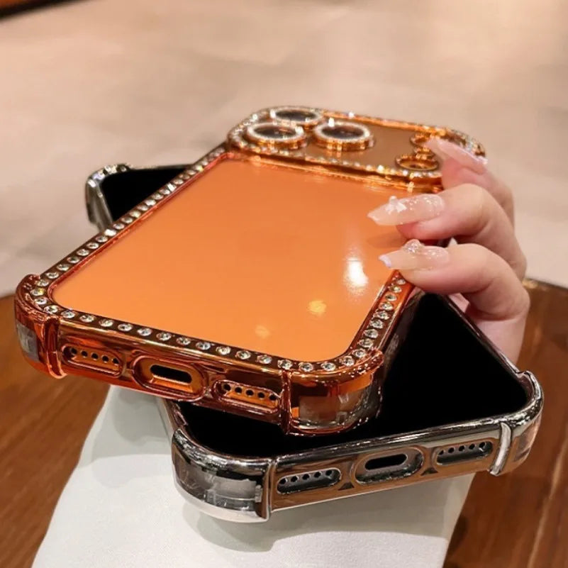 Airbag Bling Diamond Bumper Case For iPhone 17 16 15 14 13 Pro Max Glass Lens Film Transparent Plating Soft 17 16 ProMax Cover