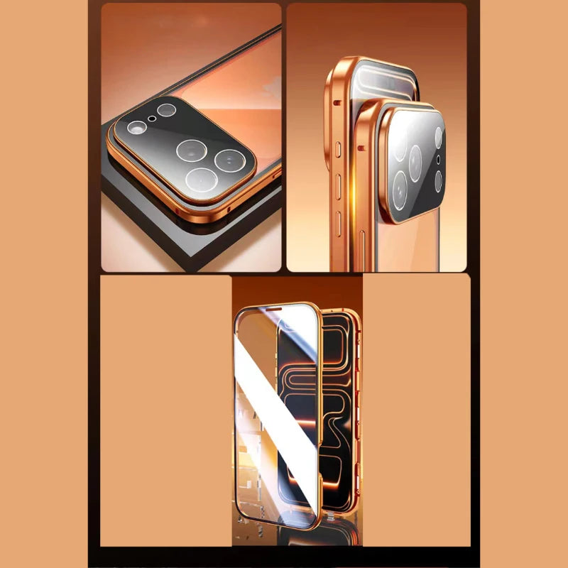 360° Full Protection Metal Magnetic Double-Sided Tempered Glass Case for iPhone 17 Pro Max, 17, 17 Air, 17 Pro with Lock Catch