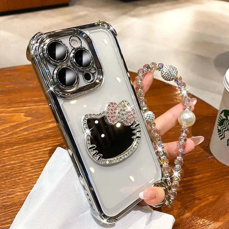Shockproof Plating TPU Cat Mirror Phone Case For iPhone 17 Pro Max Air 16 16E 15 14 Plus 13 12 Mini 11 With Bracelet