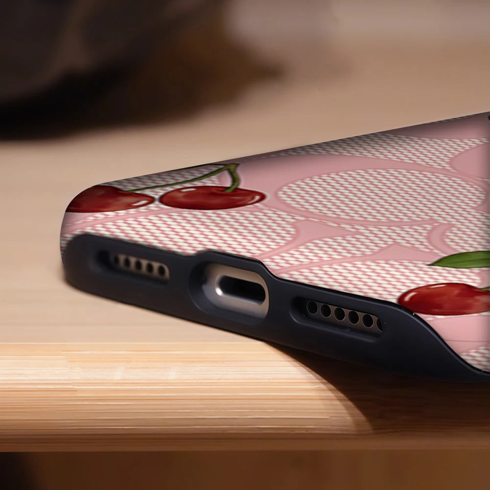 Fashionable Pink Mesh Cherry Phone Case for iPhone 17 16e 16 15 14 13 12 11 7 8 Air Pro Max Plus Luxury Double-layer Back Cover