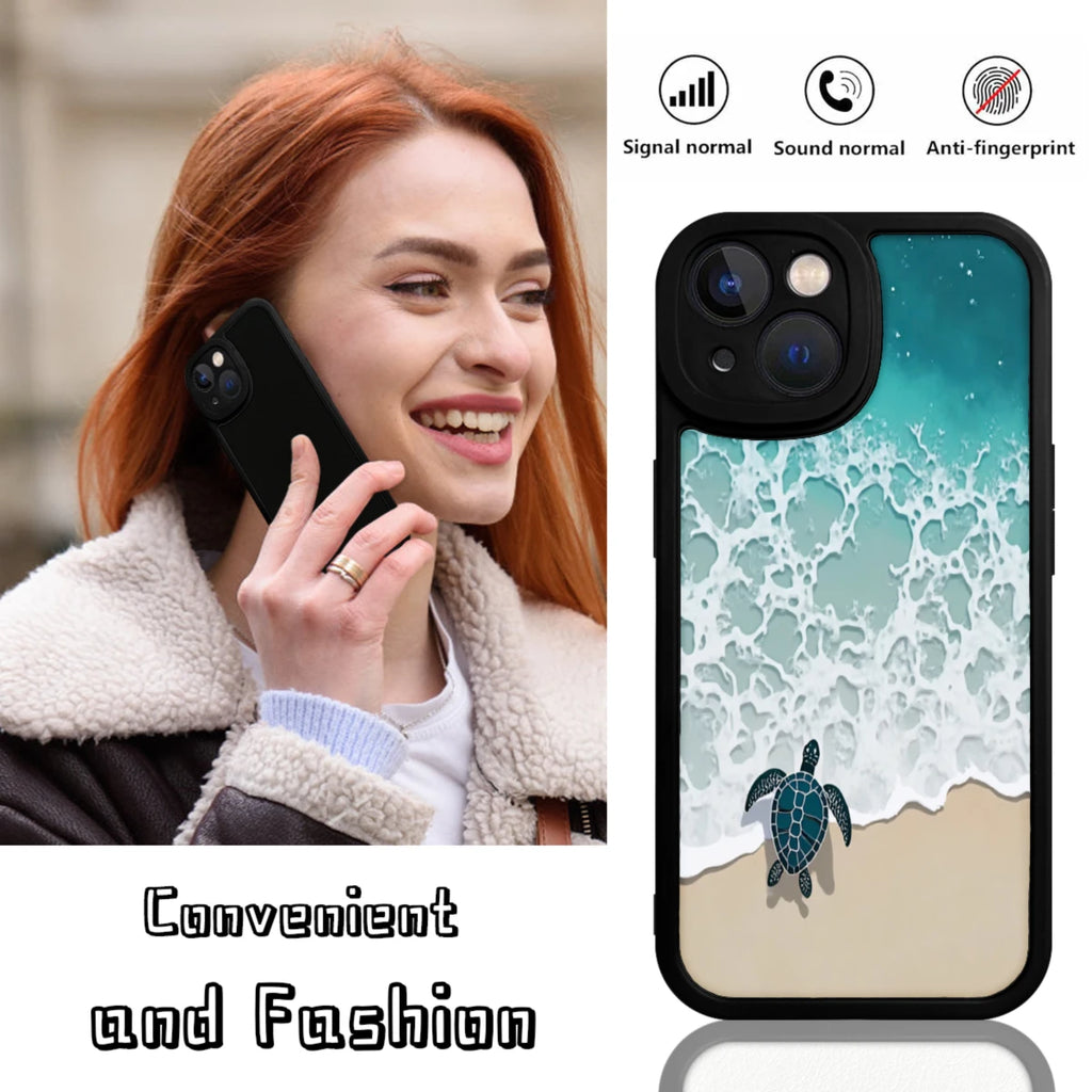 Phone Case Black Sea Turtle Beach Wave Pattern For Iphone X To Iphone 16 Pro Max Summer Beach Travel Outdoor Use