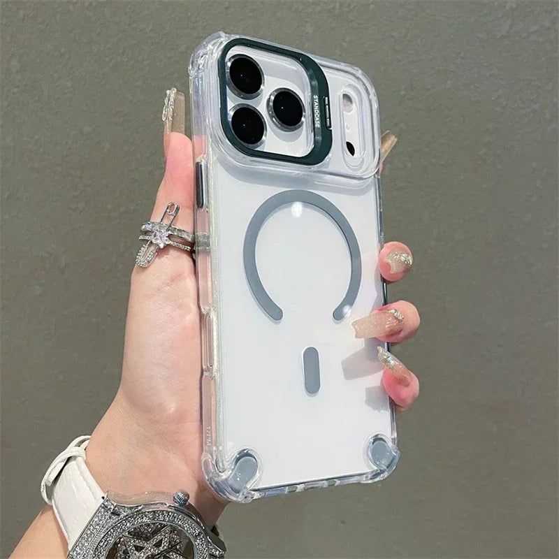 Luxury Magnetic Clear Case For iPhone 17 Pro Max 16 15 14 13 12 Pro Max 17Air For Magsafe With Glass Lens Protector Stand Cover