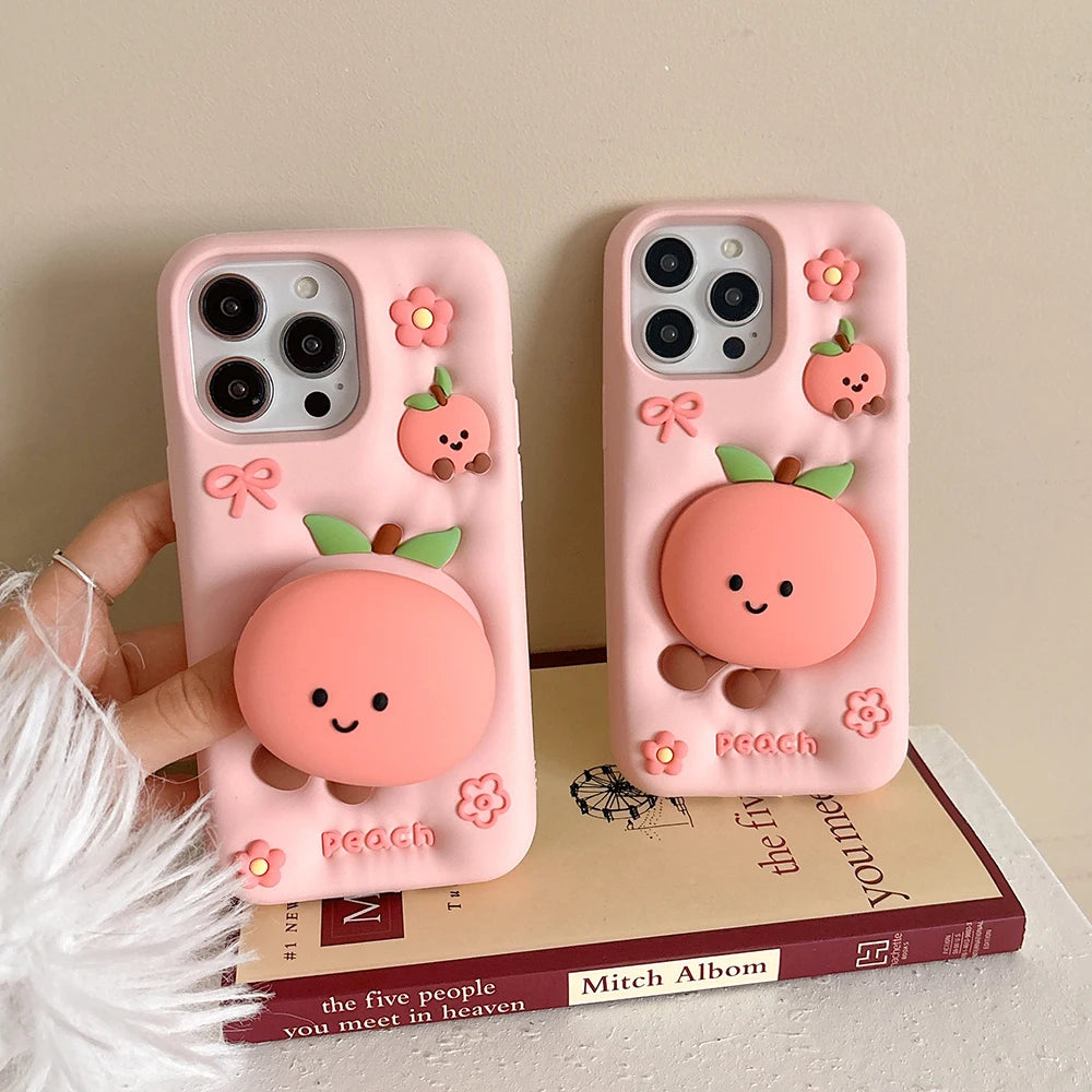 Kawaii Summer Fruit Floral Peach Bracket Soft Silicone Case Stand Holder Shockproof Cover for iPhone 17 16 15 14 13 12 Pro Max
