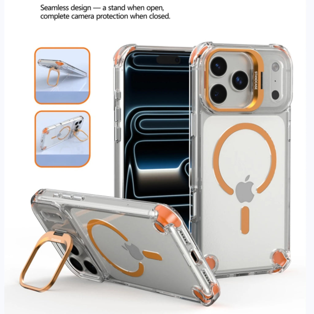 Luxury Magnetic Clear Case For iPhone 17 Pro Max 16 15 14 13 12 Pro Max 17Air For Magsafe With Glass Lens Protector Stand Cover