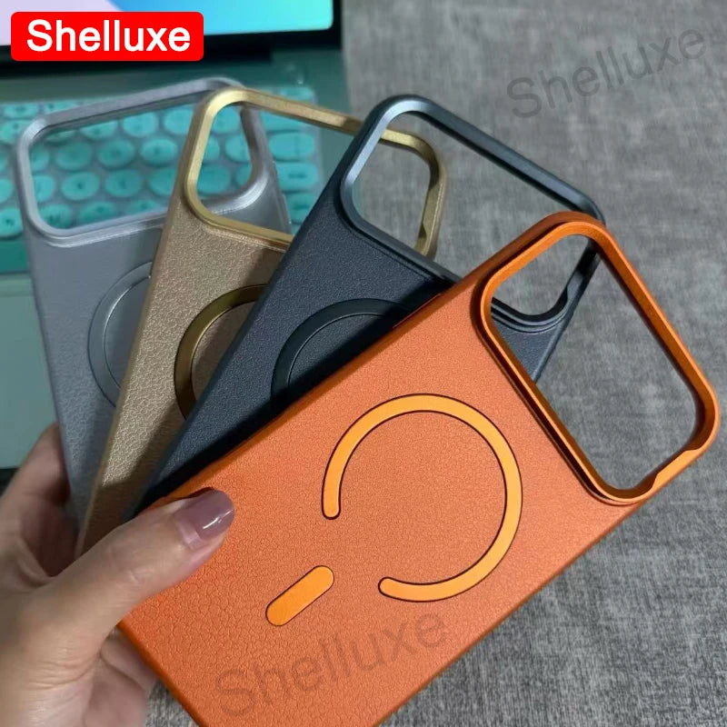 For iPhone17 ProMax Leather Magnetic Phone Case Shelluxe For iPhone 17 Air 16 15 14 13 12 Pro Max Cases Lens Metal-Frame Cover