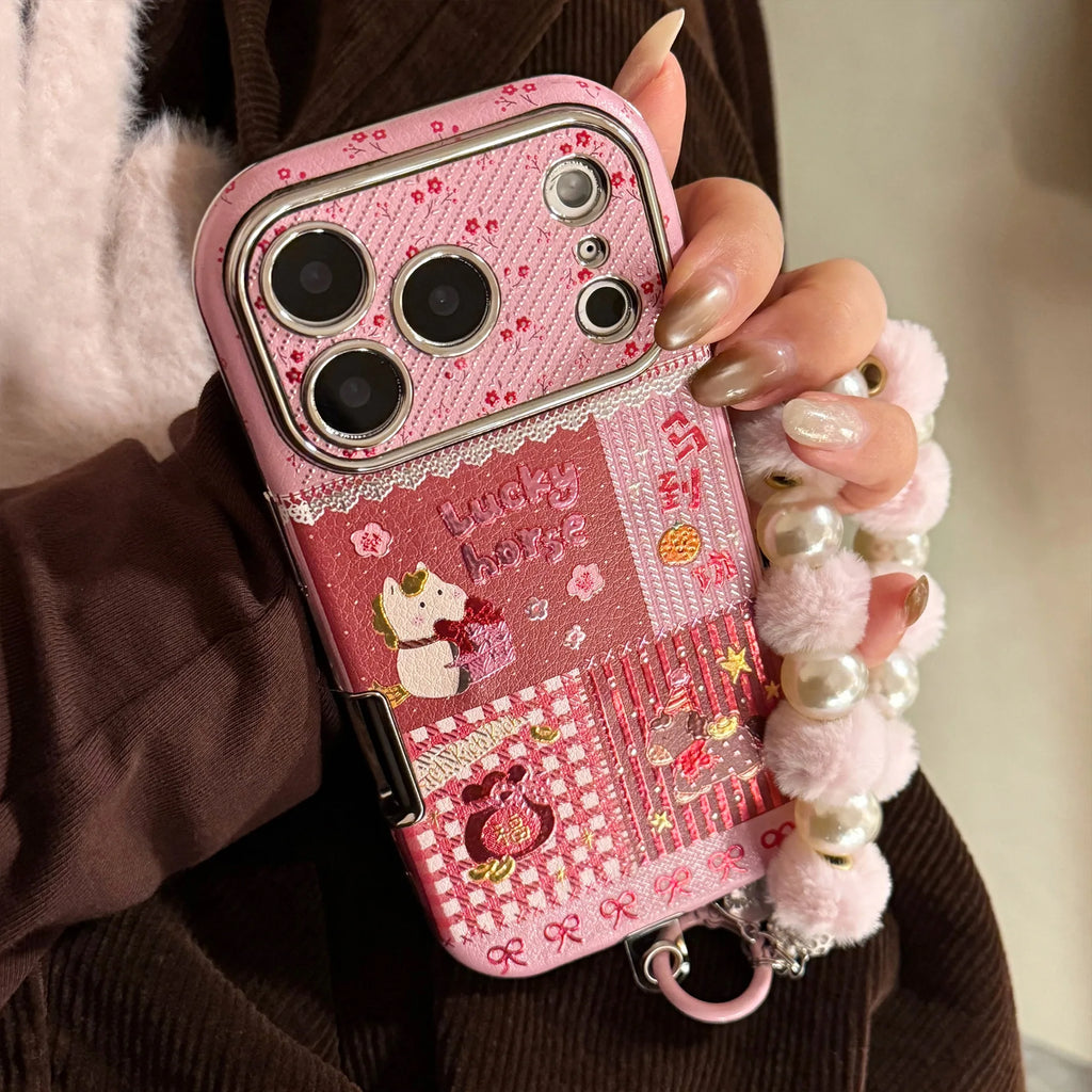 2026 lucky rich horse leather 3D back cover bracelet phone case for iphone 13 14 15 promax 16 17 pro max cover
