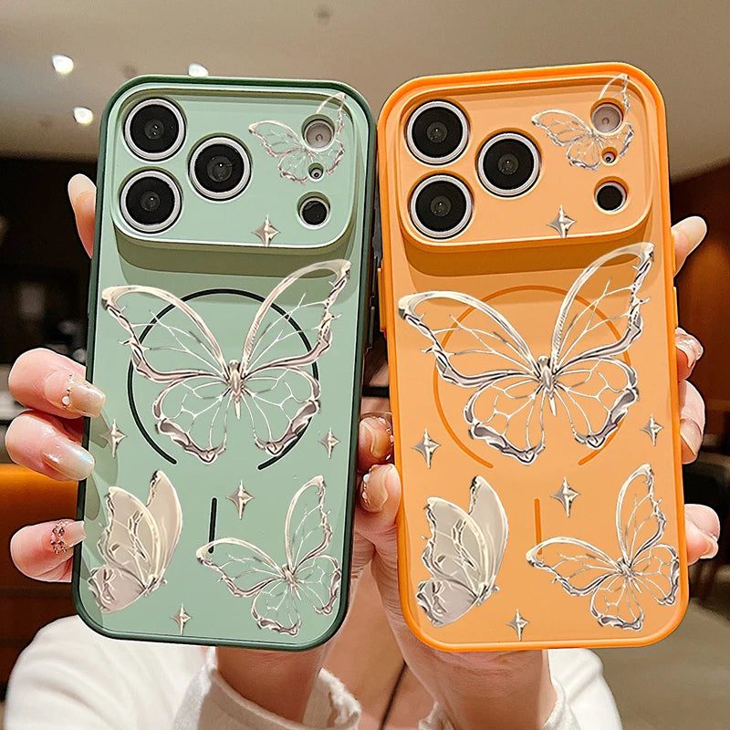 Gold Butterfly Pattern Magnetic Phone Case For iPhone 17 Pro Max 16 15 14 13 Pro Max For Magsafe Wireless Charge Hard PC Cover