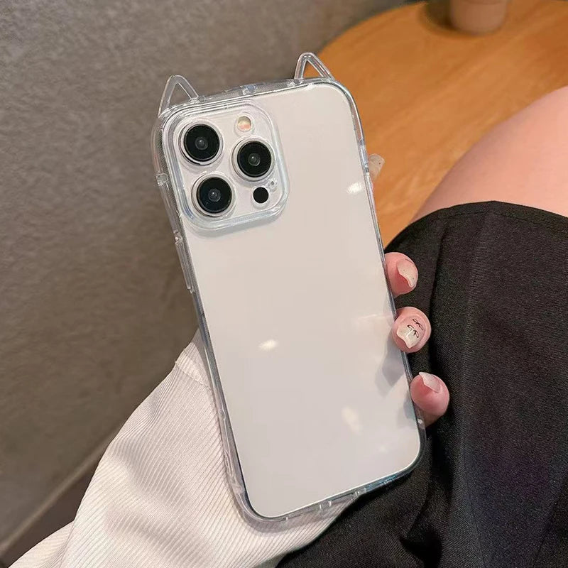 Cute Cat 3D Ears Transparent Phone Case For iPhone 17 Pro Max Air 16 15 13 11 12 14 Plus Soft Clear TPU Back Cover Shell