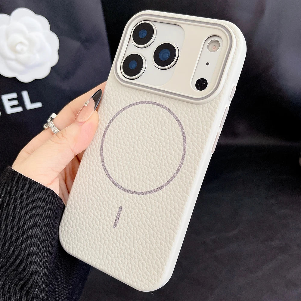 Titanium gray lychee pattern leather magnetic phone case for iphone 17 16 15 14 13 12 11 Pro Max Air magsafe charging soft cover