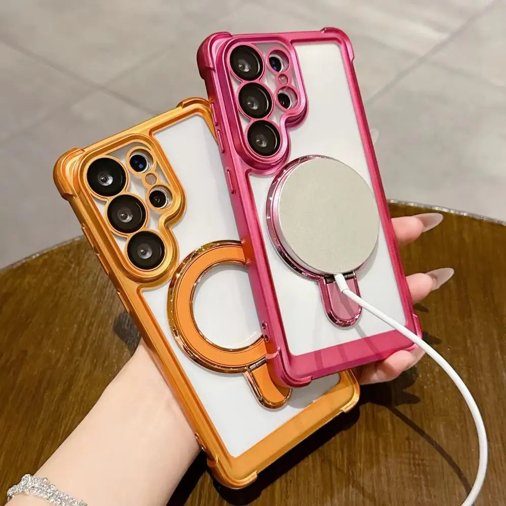 Matte for Magsafe Bracket Case for Samsung Galaxy S26 Ultra S25 Plus S24 FE S23 Plating Holder Stand Camera Film Protector Cover