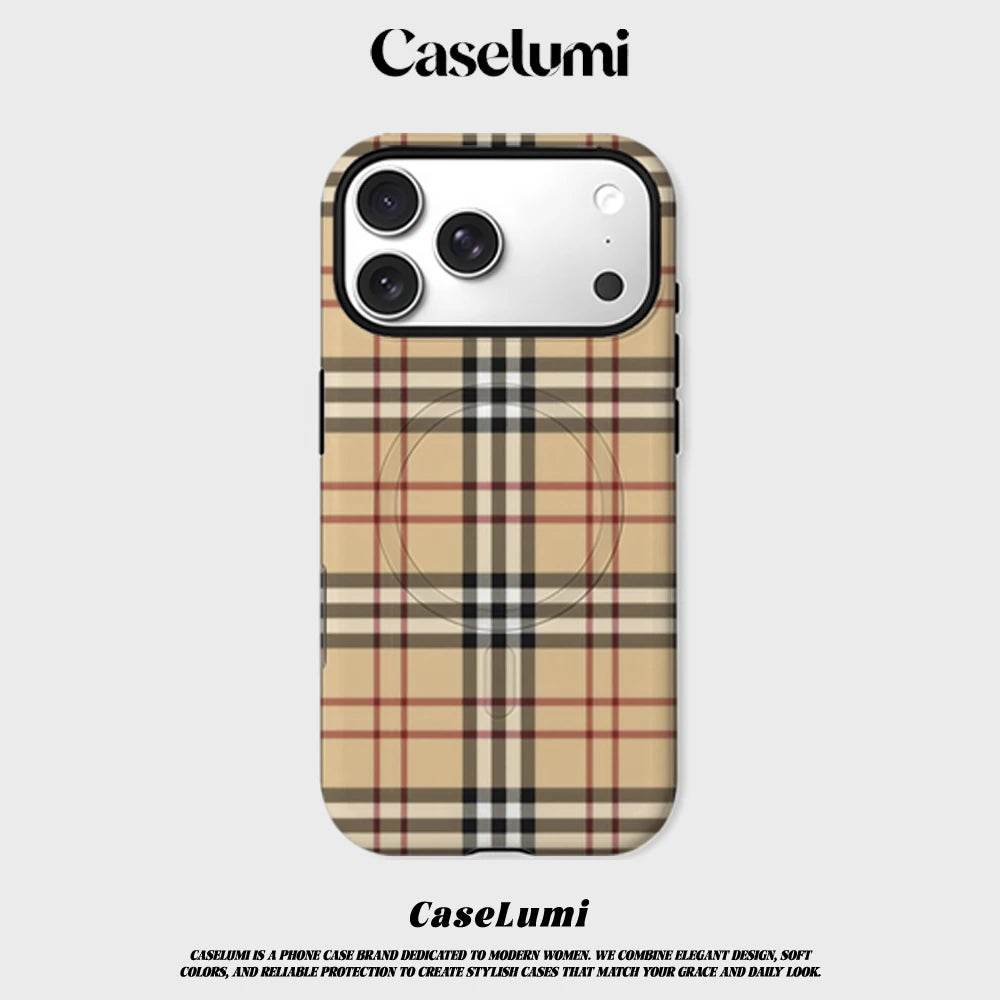 CaseLumi Matte Bumper For Magsafe Case For iPhone 17 16 15 14 Plus 13 Pro Max Shockproof Hard PC Brown Cloth Pattern Cover