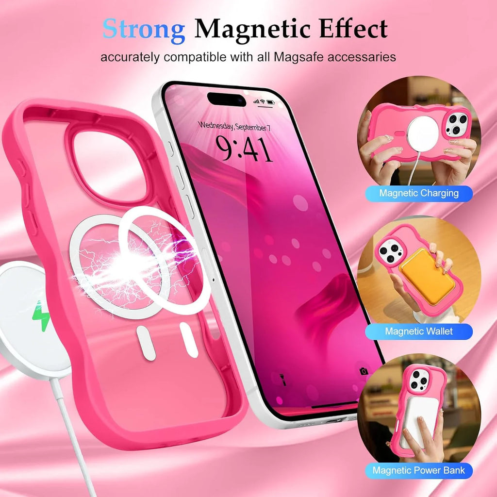 Luxury Wavy Frame translucent Magnetic Wireless Charge Shockproof Case For iPhone 17 16E 16 15 14 13 12 Pro Max Plus 17Air Cover