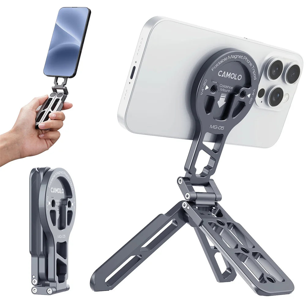 Foldable Magnetic Selfie Stick Tripod w Arca Plate 1/4-20 Cold Shoe Desktop Phone Tripod Mount for Magsafe Iphone 15 14 Samsung