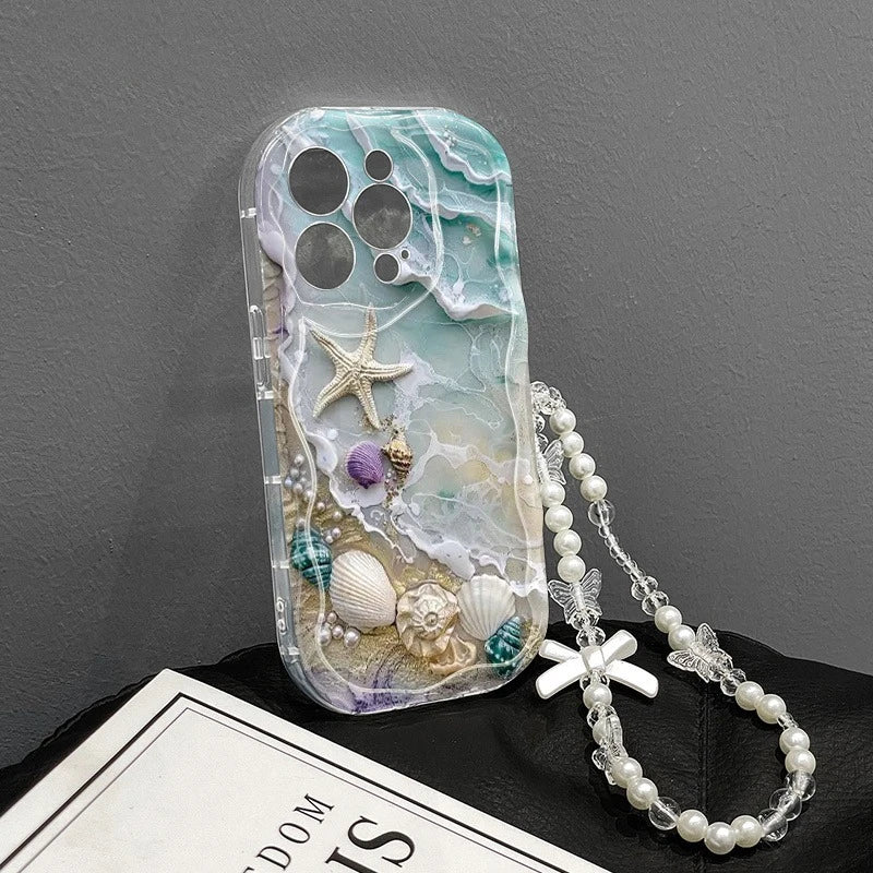 Beach Seashell Starfish Pattern Phone Case For iPhone 17 16 15 14 13 12 11 Pro Max 16E 17E With Lanyard Clear Wavy-edge Cover