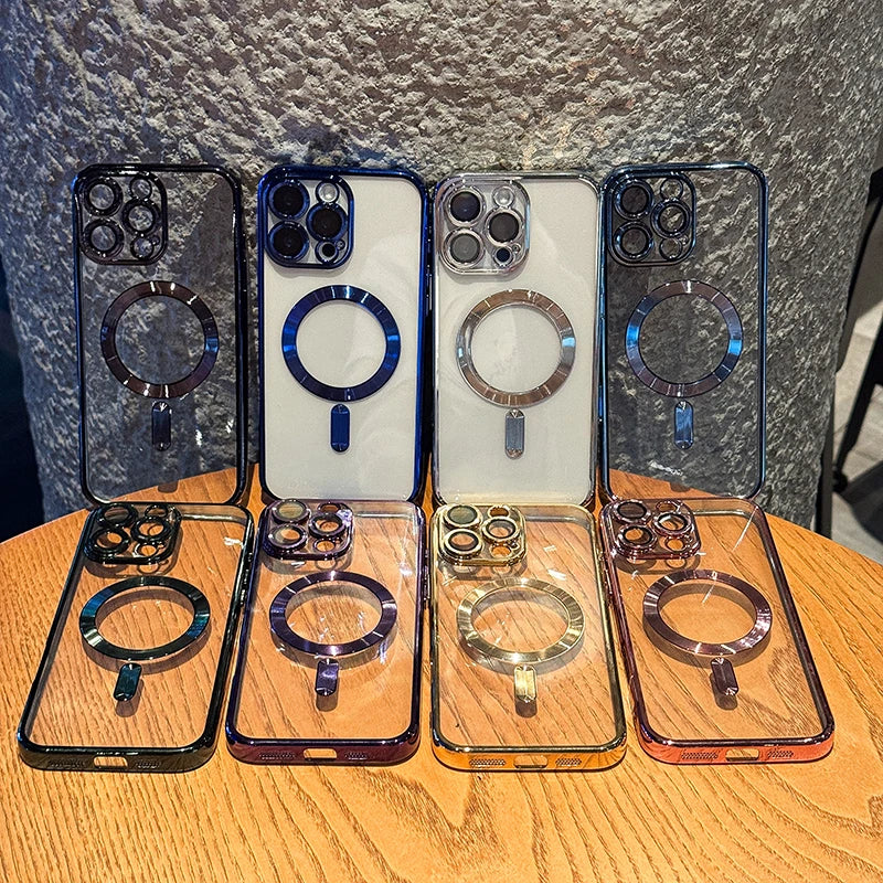 Luxury Magnetic Shockproof Phone Case For iPhone 17 16 15 14 Pro 13 12 Pro Max 17 Air Funda Stand Glass Lens Protection Cover