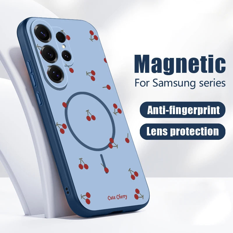 Little Cherry Pattern Magnetic Phone Case For Samsung Galaxy S26 S25 Ultra Edge S24 S23 FE A17 A56 A37 A16 A55 A15 A36 A55 Cover
