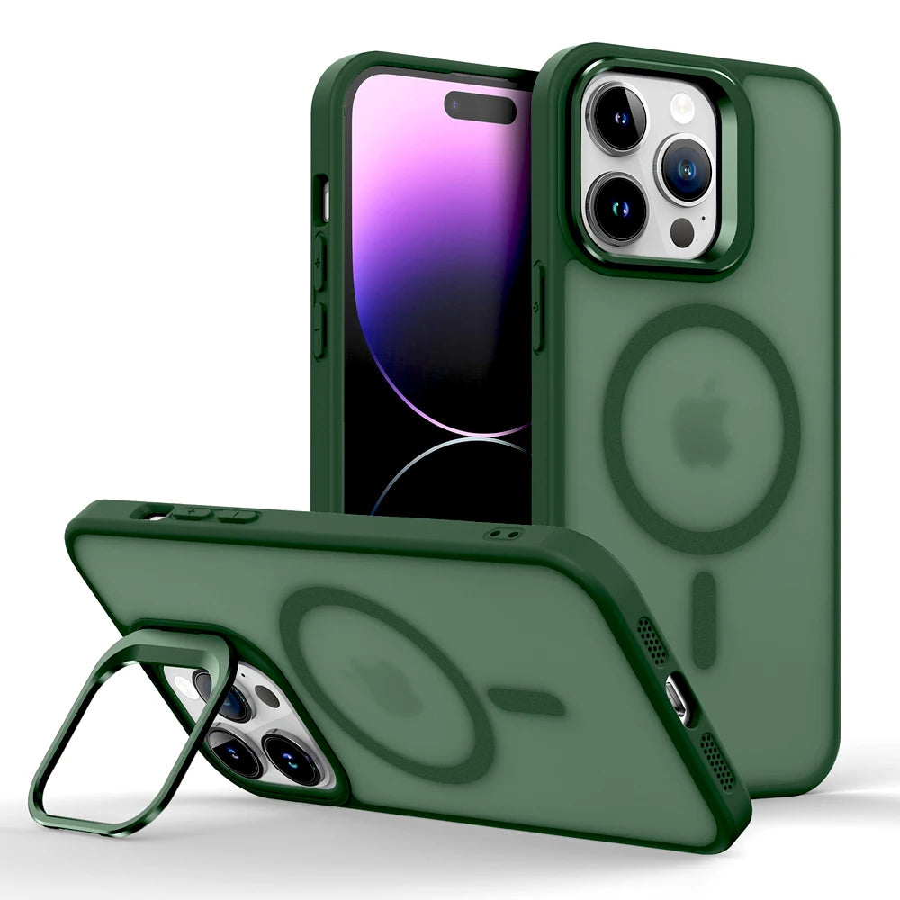 Shockproof Armor Matte Case For iPhone 17 16 15 14 13 12 11 Pro Max 16Pro iPhone16 Magsafe Mag Safe Wireless Charge Stand Cover
