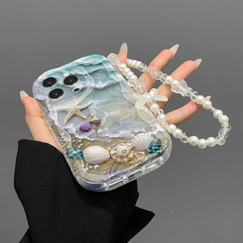 Beach Seashell Starfish Pattern Phone Case For iPhone 17 16 15 14 13 12 11 Pro Max 16E 17E With Lanyard Clear Wavy-edge Cover