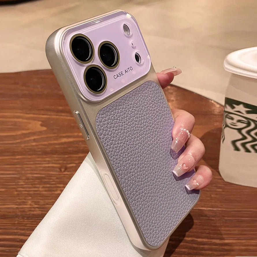 Luxury Litchi Leather Case for iPhone 17 16 15 14 Pro Max iPhone 13 Glass Large Window Shockproof Armor Bumper Plating Cover
