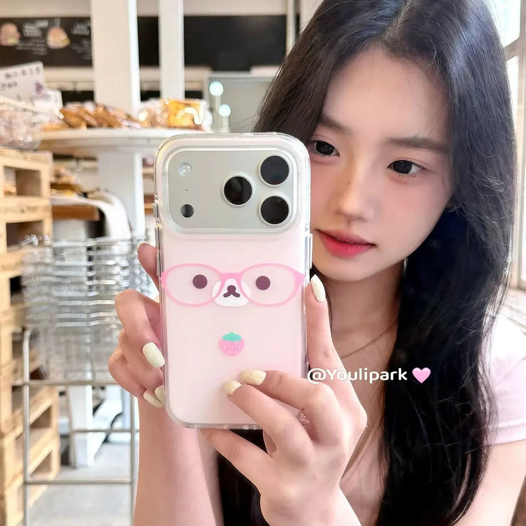 Ins Korean Soft Cute Cream Powder Strawberry Glasses Bear Phone Case For IPhone 17 Air 16 15 14 13 12 11 Pro Max Plus Y2K Cover