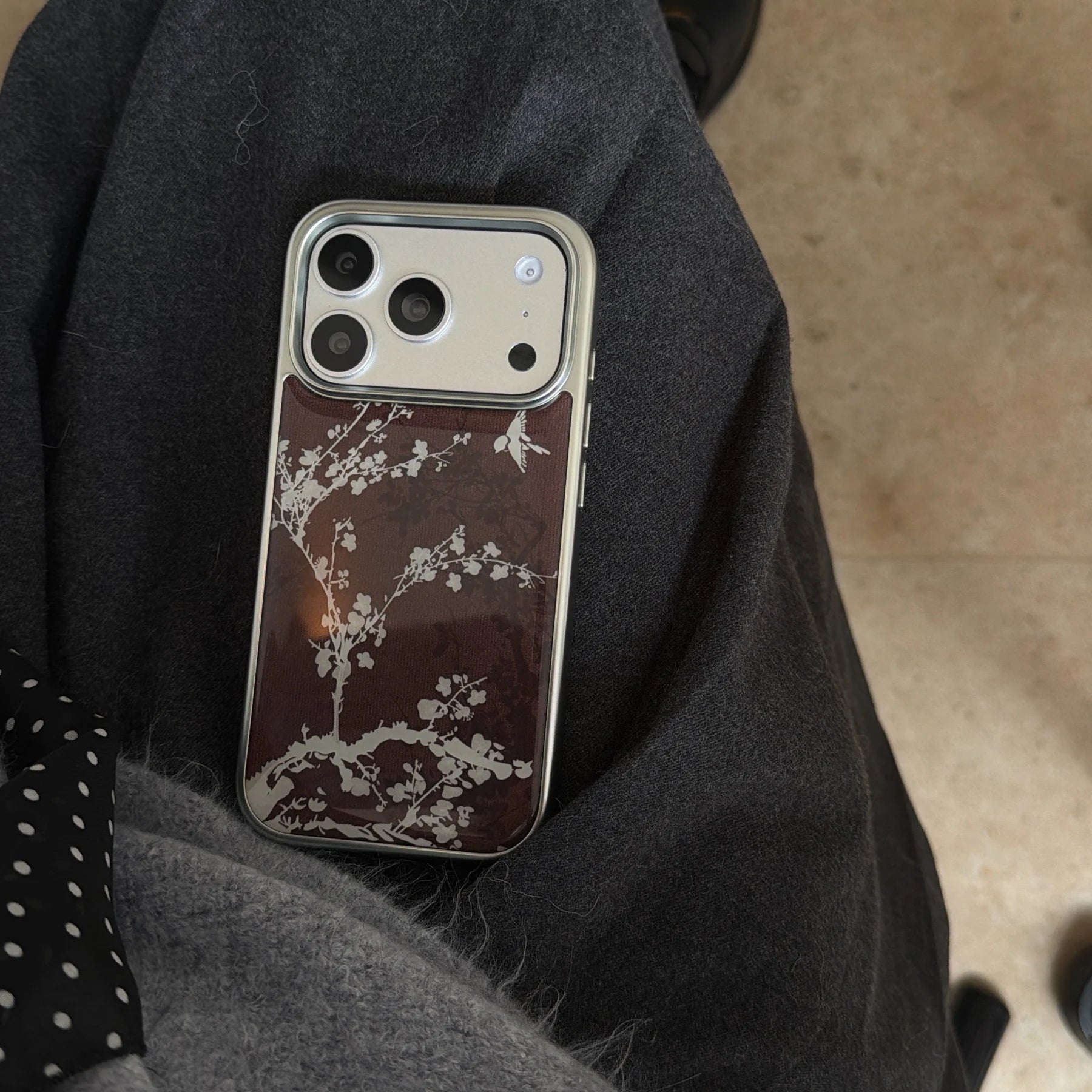 Elegant Plum Blossom Burgundy Bird & Branch Traditional Art Phone Case for iPhone 17 16 15 14 13 Pro Max Back Phone Cover Capa