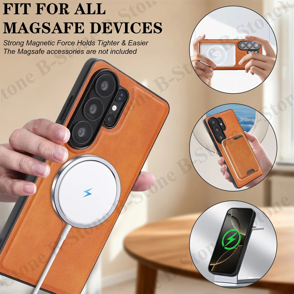 2 In 1 Leather Flip Case for Samsung Galaxy S26 Ultra 25 Plus S24 S23 S26U Wireless Charging Magnetic Cash Card Slots Phone Case