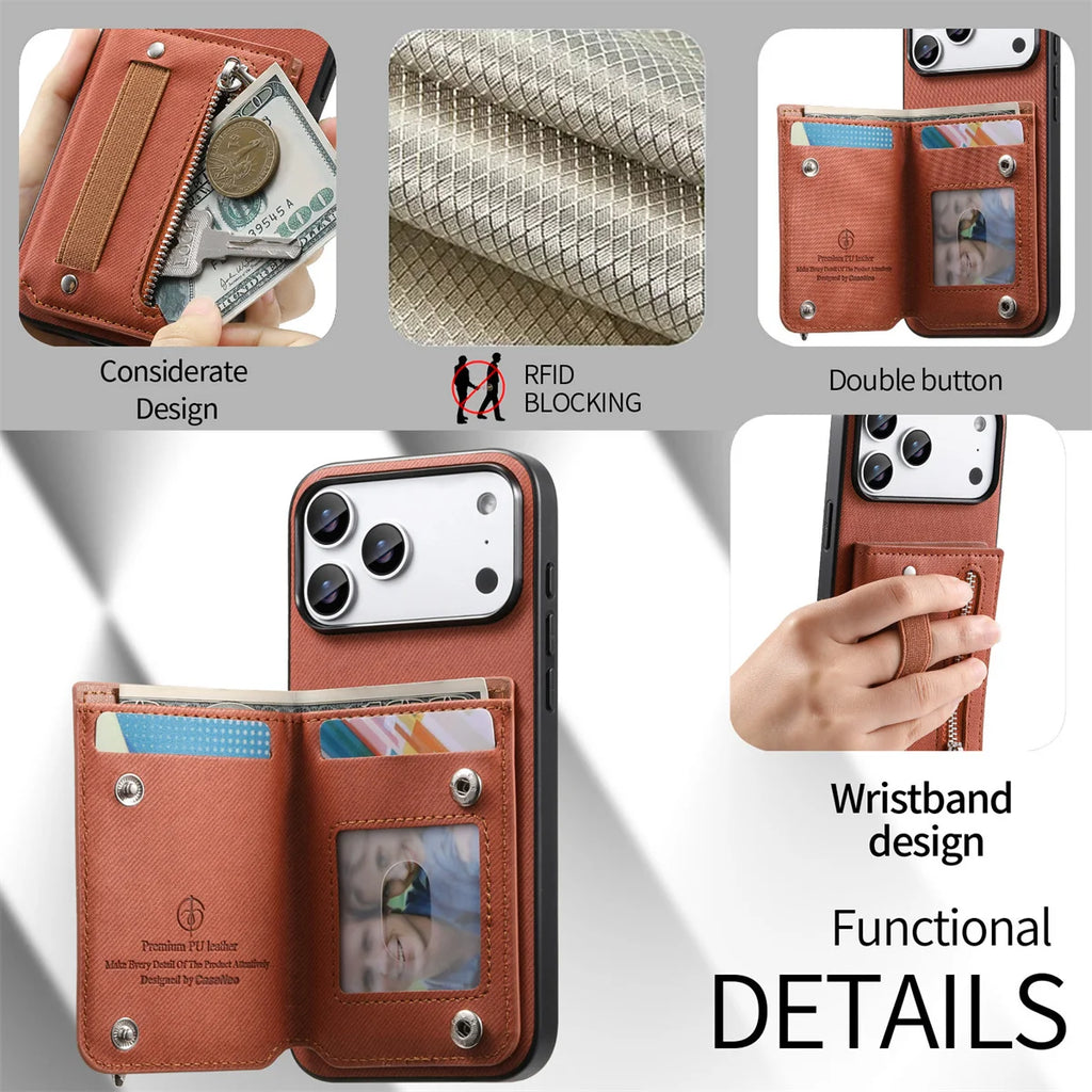 Wrist Strap Flip RFID Wallet with Card Holder Phone Case for IPhone Air 17 16E 16 Plus 15 14 13 12 11 Pro Max Leather Cover