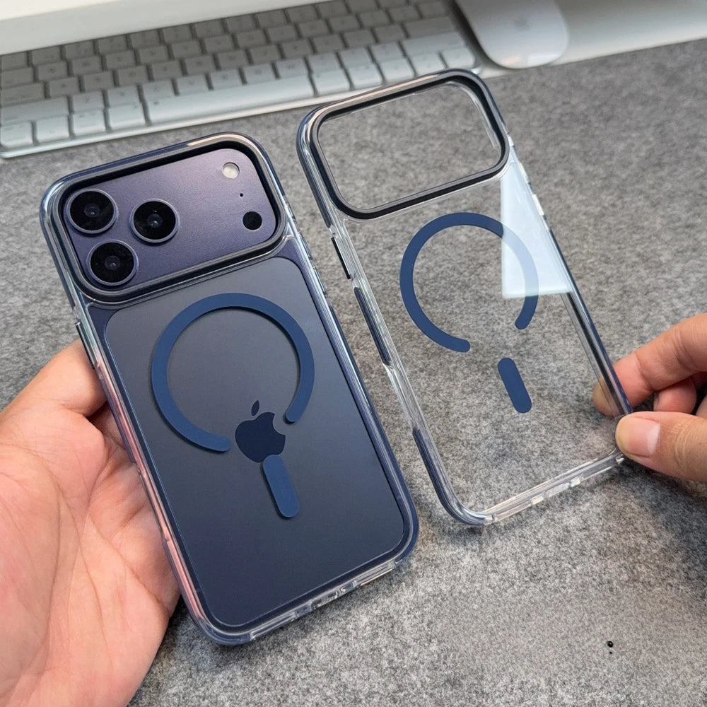 High Clear Transparent For Magsafe Case for iPhone 17 13 12 Pro Max Air 14 15 16 Plus Anti-knock Metal Button Magnetic Cover