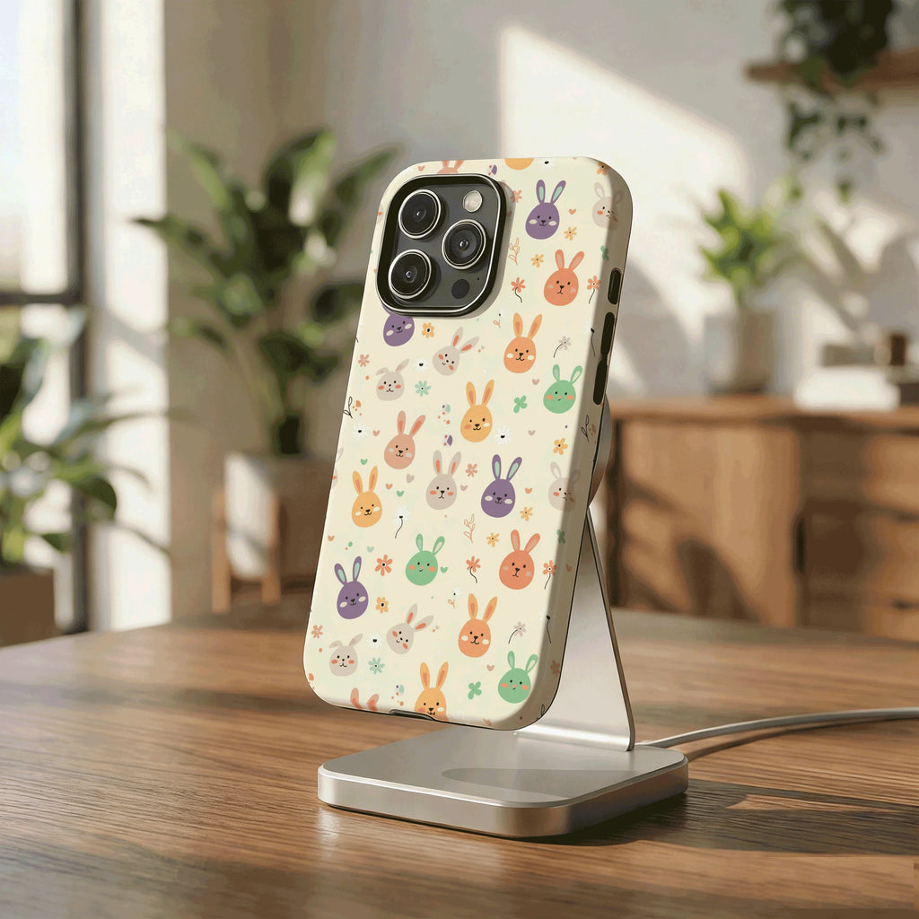 Cute Pastel Bunny Face Pattern Magnetic Phone Case For iPhone 17 16 15 14 Pro Max Plus 13 12 Wireless Charging Shockproof Cover