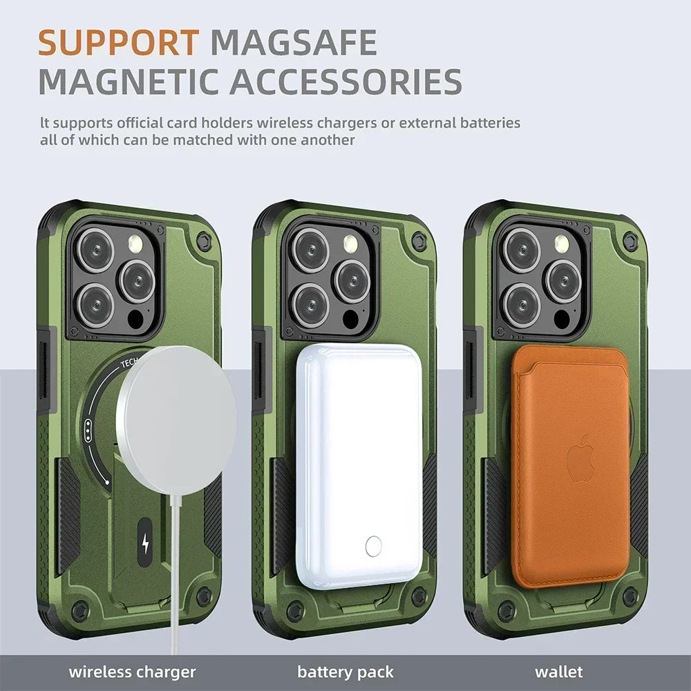 For Magsafe Case for IPhone 17 16 14 13 11 12 15 Pro Max Plus Magnetic Wireless Charging Wrist Strap Stand Hard Anti-fall Cover