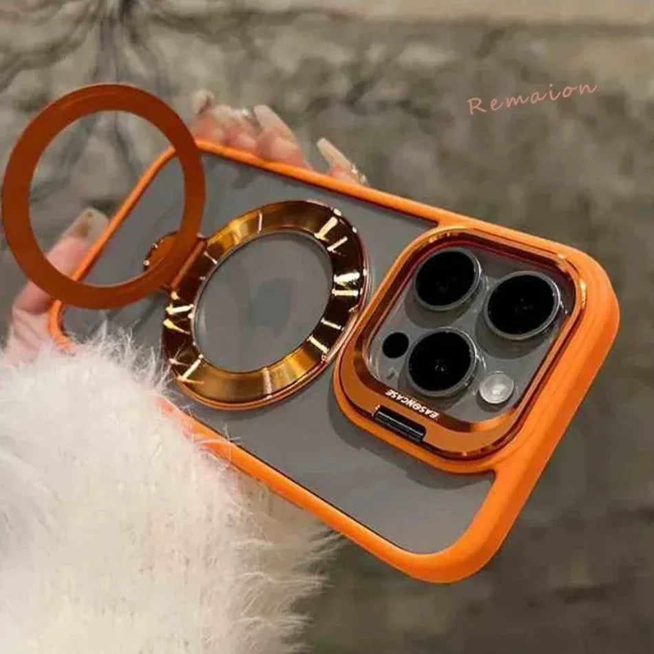 Plum Ring Magnetic Stand Phone Case for iPhone 15 11 13 14 12 16 pro Max 16 plus Magsafe Transparent Glass Lens Protector Cover