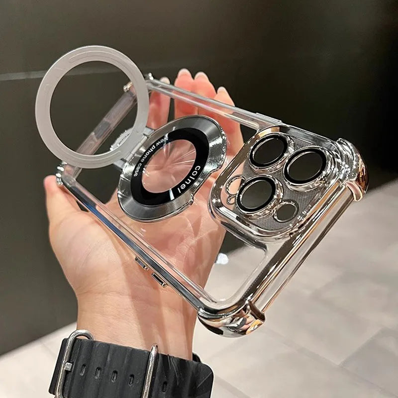 Luxury Plating Shockproof Magnetic Bracket For Magsafe Clear Case For iPhone 17 15 16 14 13 12 11 Pro Max Air Holder Stand Cover