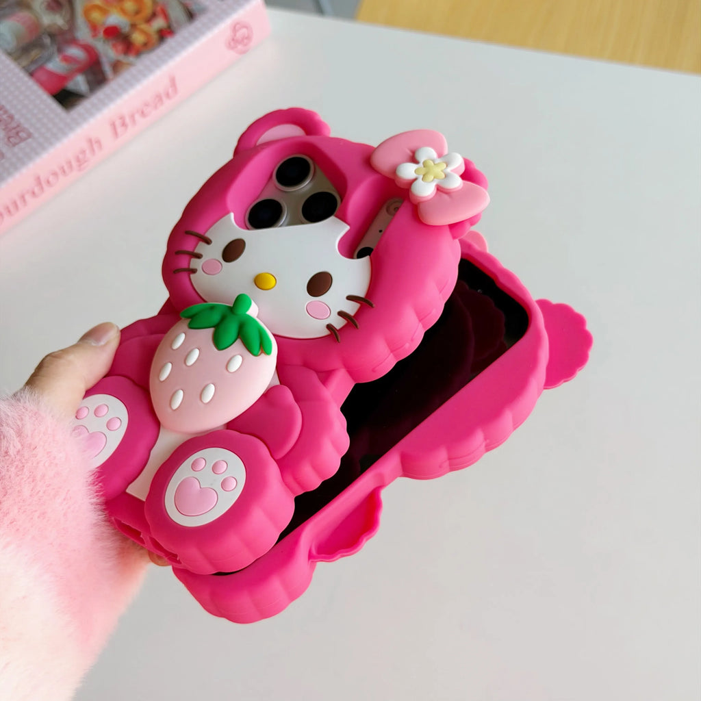 Cute 3D Hug Strawberry Hello Kitty Case For iPhone 15 14 13 16 17 Pro Max 16 Plus Standable Soft Silicone Shockproof Phone Cover