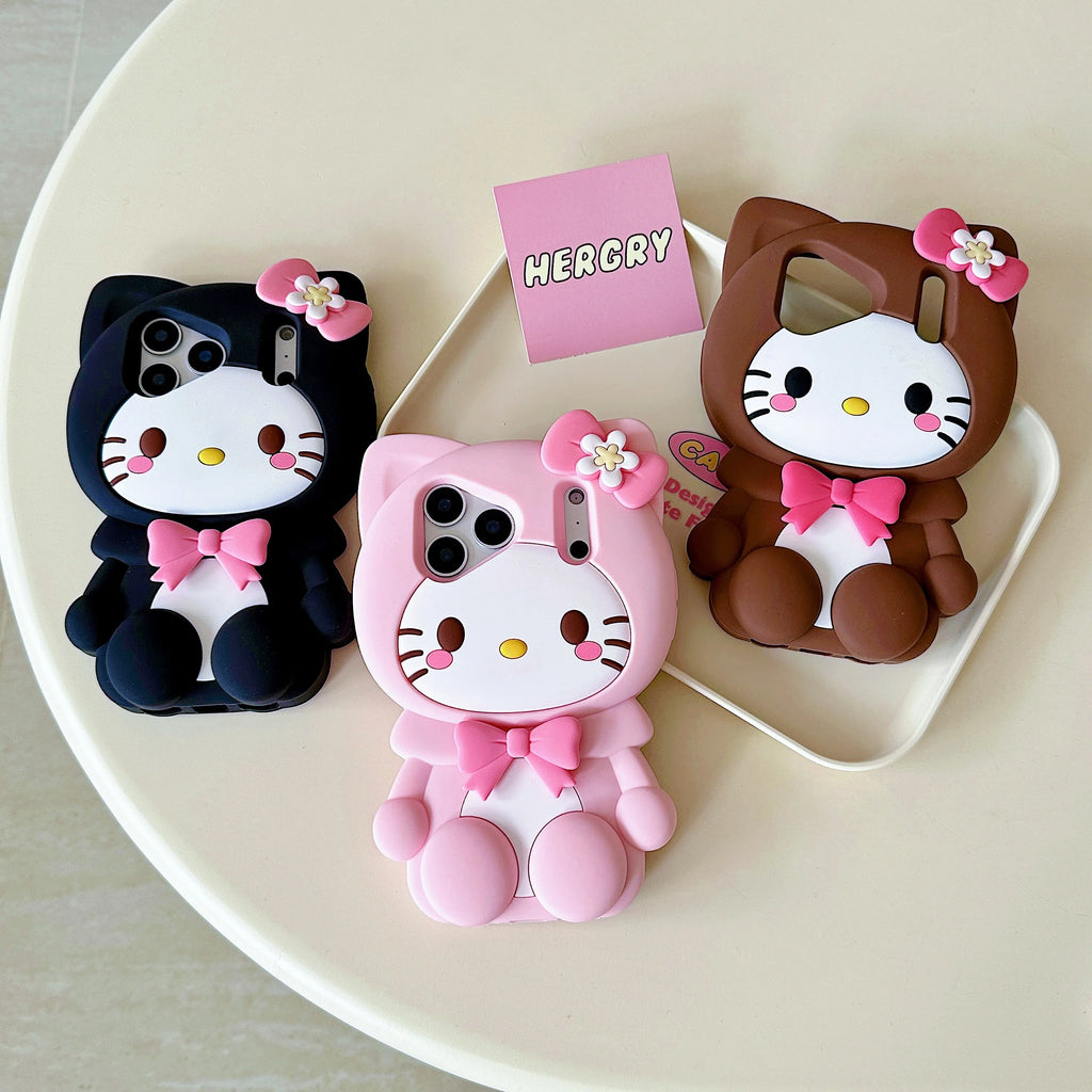 Lovely 3D Bow Hello Kitty Leg Stand Case for iPhone 17 16 15 14 13 12 Pro Max Plus Shockproof Soft Silicone Holder Phone Cover