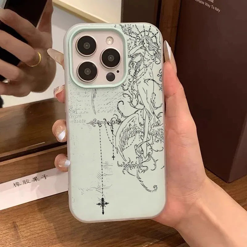 Gothic Style Angel Cross Line Drawing Phone Case For iPhone 11 12 13 14 15 16 17 Pro Max XS X XR 16E 17Pro 17Air 7 8 Plus Cover