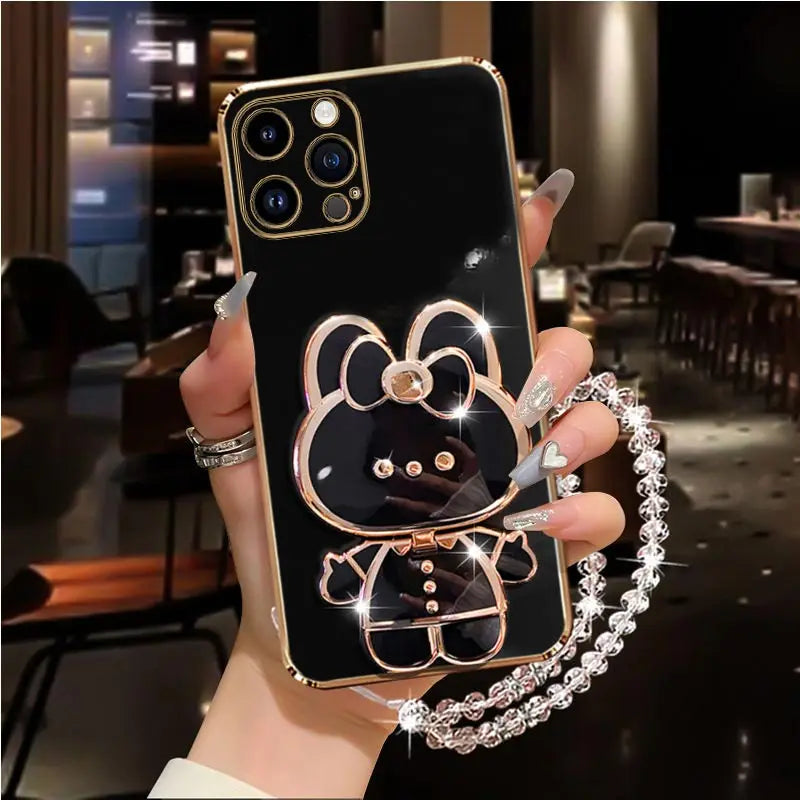 Diamond Strap Mirror Rabbit Phone Holder On Case For iPhone 15 14 13 12 11 Xs Pro Max Mini X XR Apple 6 6s 7 8 Plus Stand Cover
