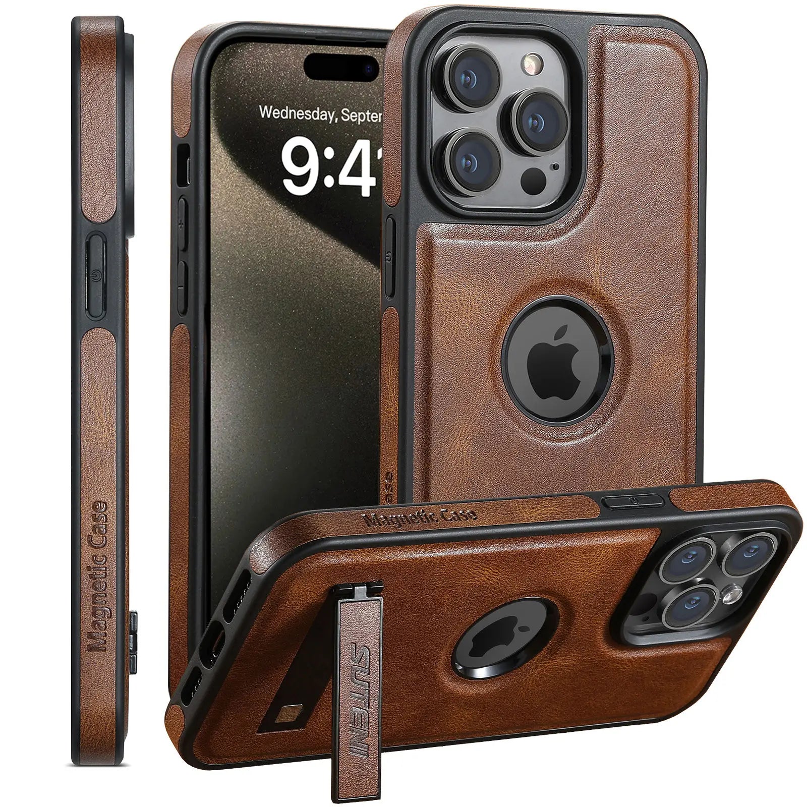 For iPhone 15 14 13 12 Pro Max Leather Case, [Compatible with Mag-safe] Built-in Invisible Stand Protective Slim Kickstand Cover
