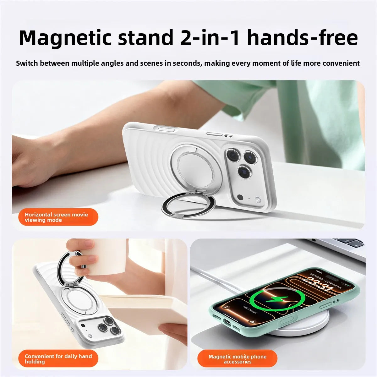 For Magsafe Magnetic Phone Case for iPhone Air 16 15 17 Pro Max with Rotating Holder Ring Soft Silicone Ripple Protection Cover