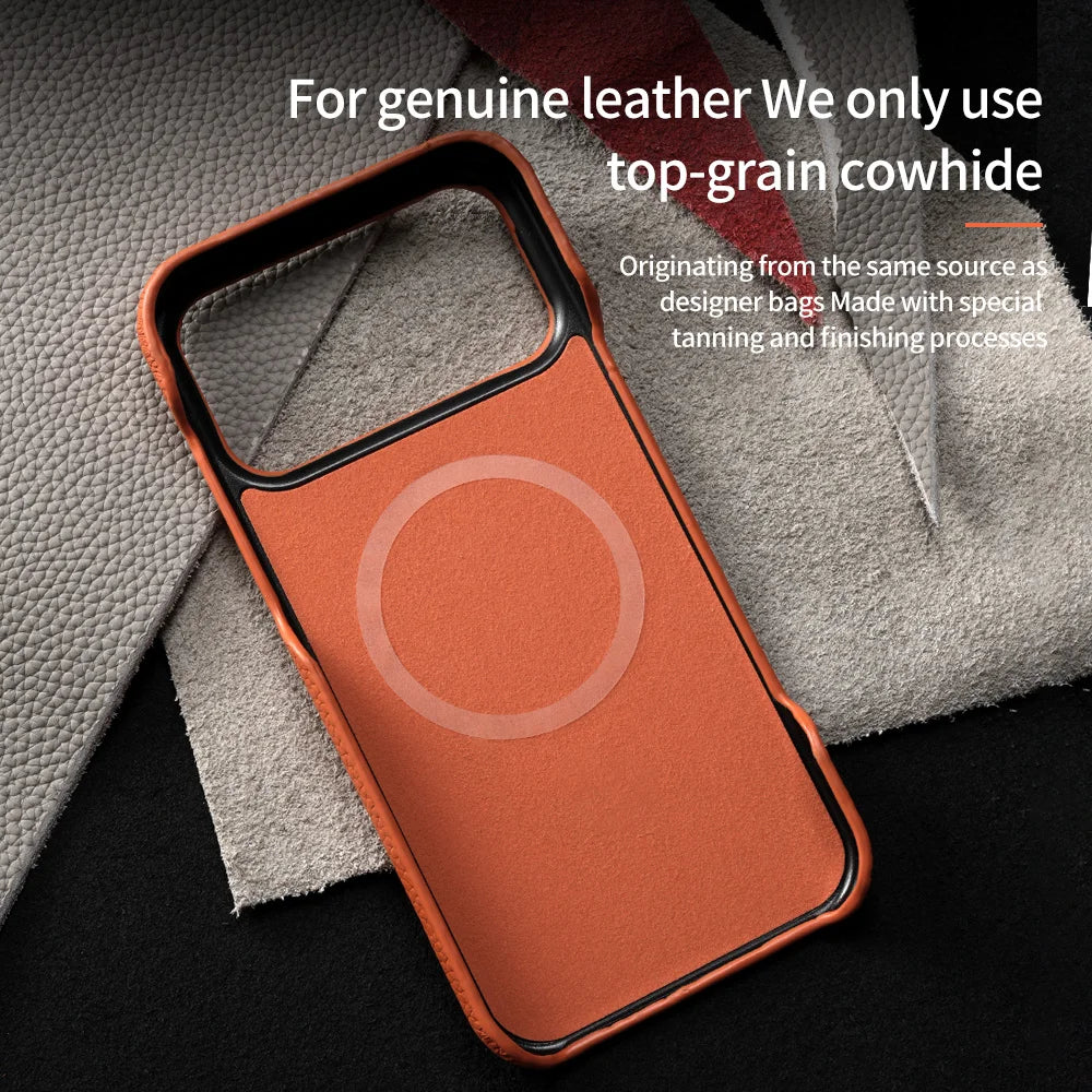 for Magsafe Case for iPhone 17 15 16 Pro Max 17 Air Luxury Lychee Natural Cowhide Leather Magnetic Protector Phone Back Cover