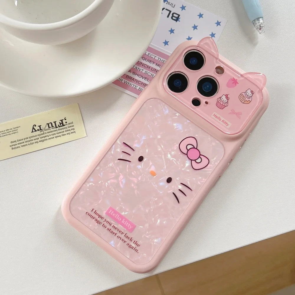 Sanrio HelloKitty Lines Expression Phone Case For iPhone 17 16 15 Pro Max Cartoon 3D Strawberry KT Cat Ear Lens Protection Cover